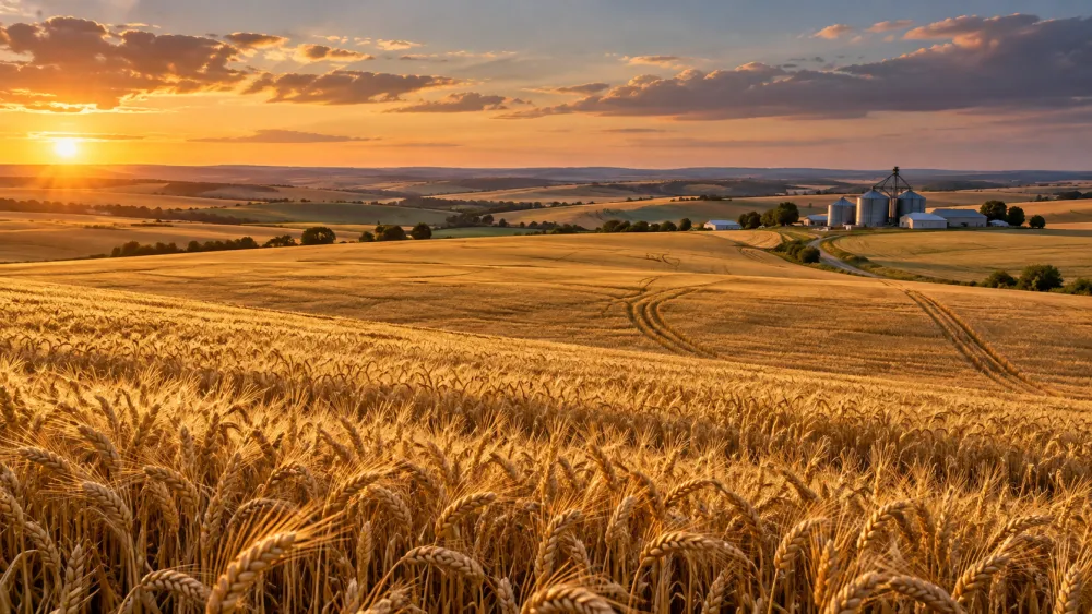 Lavoura de trigo maduro com silo ao fundo, ao pôr do sol — Londrina/PR