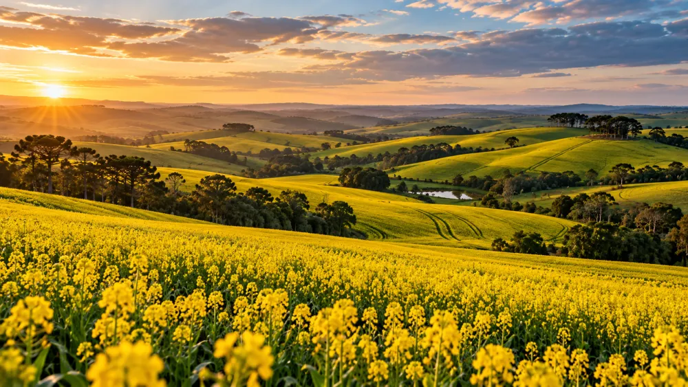 Lavoura de canola em flor sobre colinas — São Luiz Gonzaga/RS