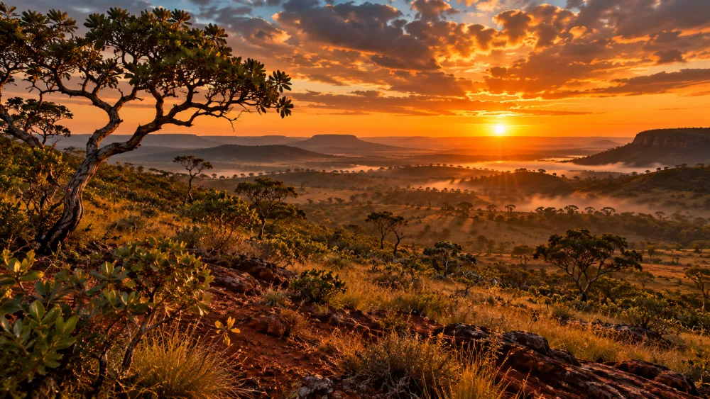 Paisagem de cerrado ao pôr do sol, com árvores retorcidas — Davinópolis/MA