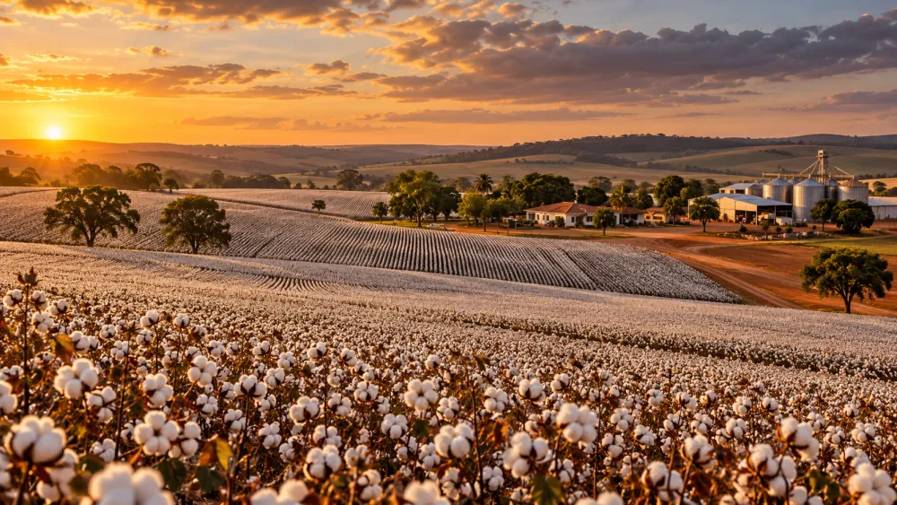Lavoura de algodão em capulho, com silos ao fundo — Ipameri/GO