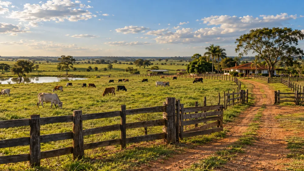 Gado de corte em pasto extenso, com a sede da fazenda