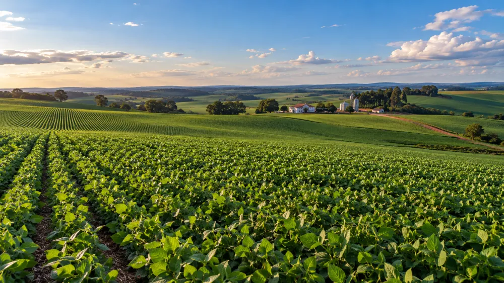Lavoura de soja em fileiras, com a sede da fazenda ao fundo — Ipameri/GO
