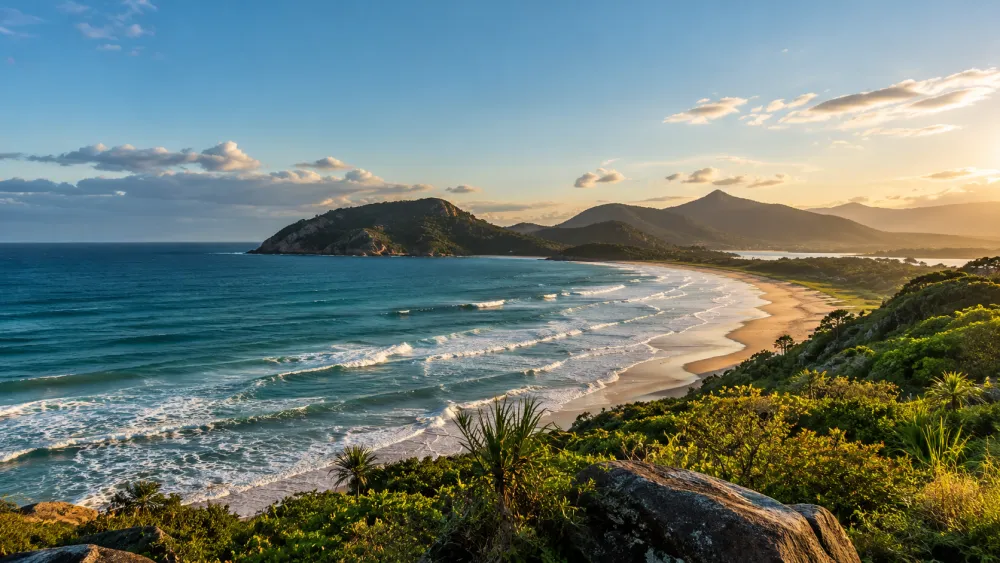 Litoral com praia e morros cobertos de vegetação — Ipameri/GO